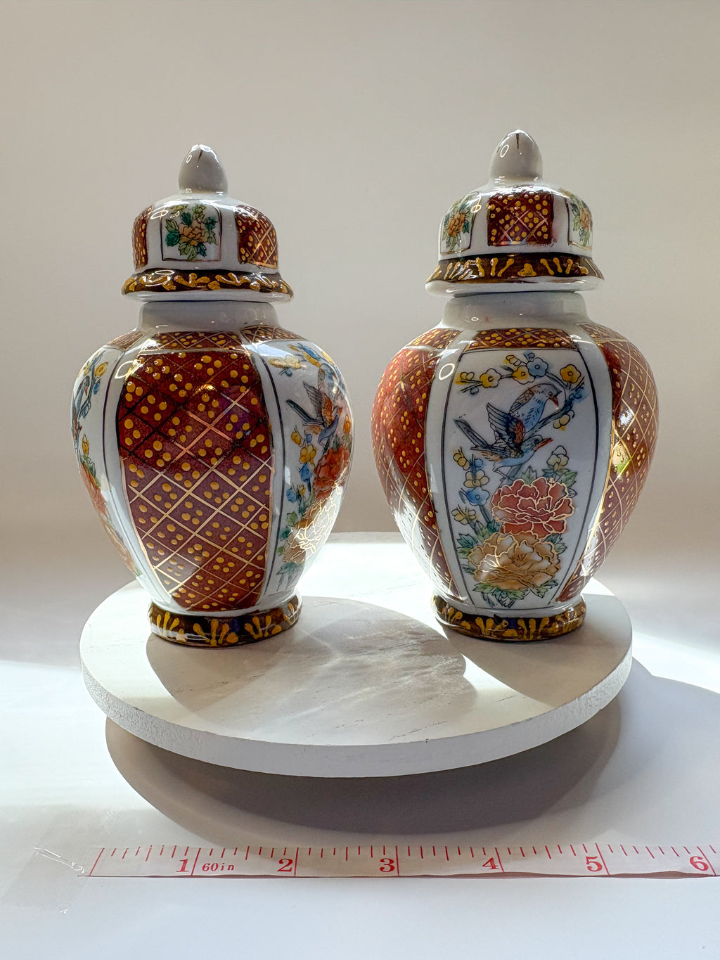 Set of Vintage Japanese Imari-Style Ginger Jars (Lidded) with Bird & Floral Motif