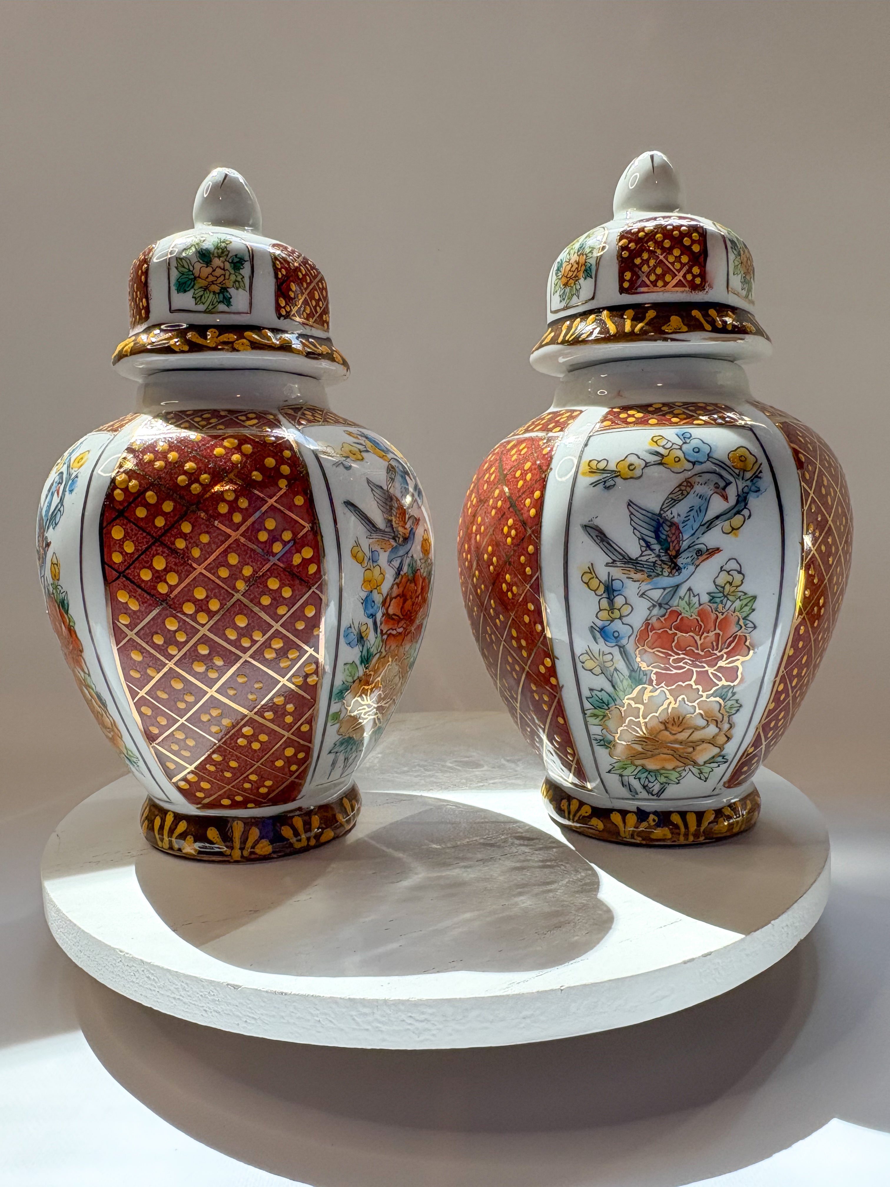 Set of Vintage Japanese Imari-Style Ginger Jars (Lidded) with Bird & Floral Motif