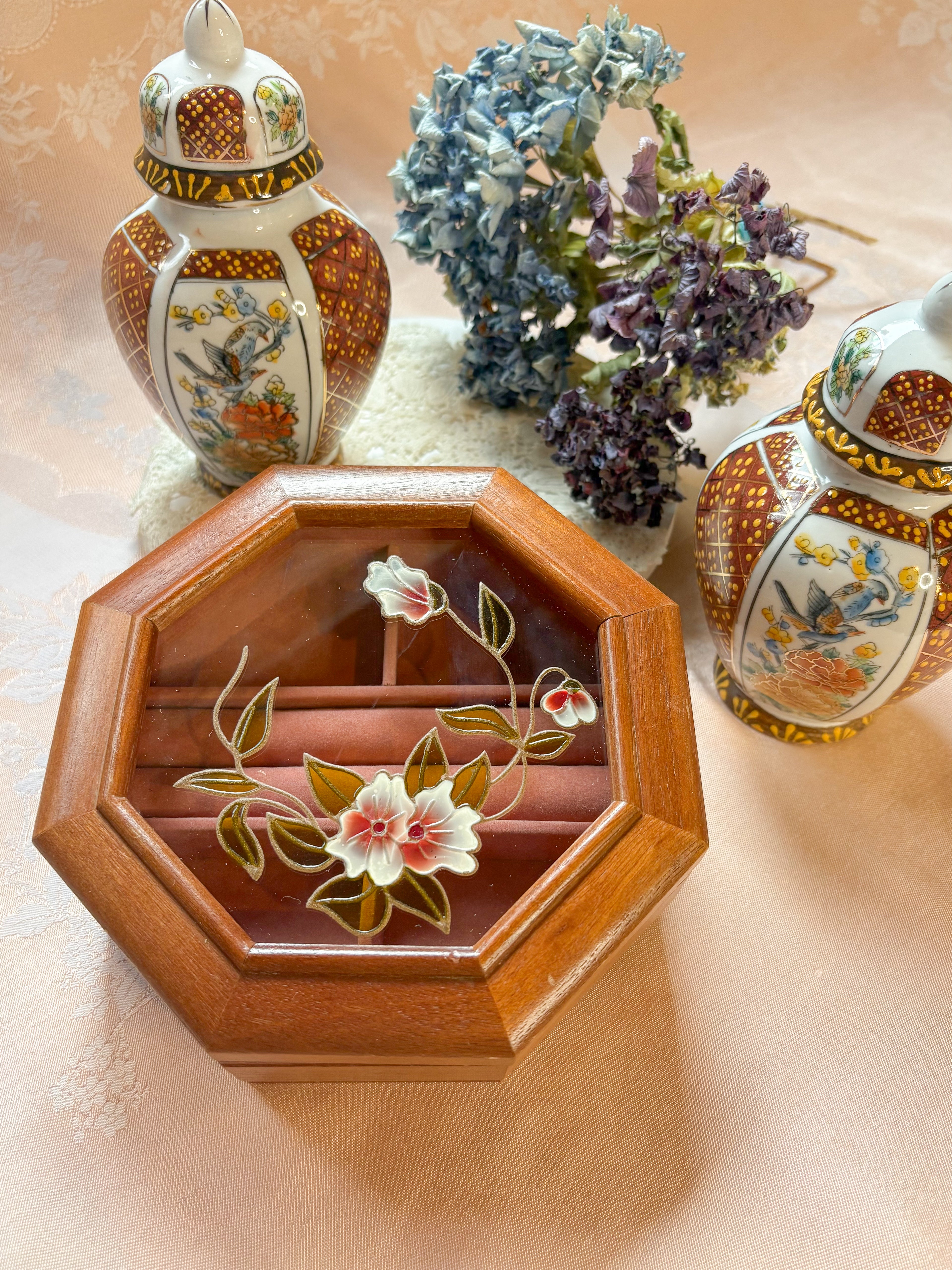 Vintage Octagonal Wooden Jewellery Box with Floral Glass Lid