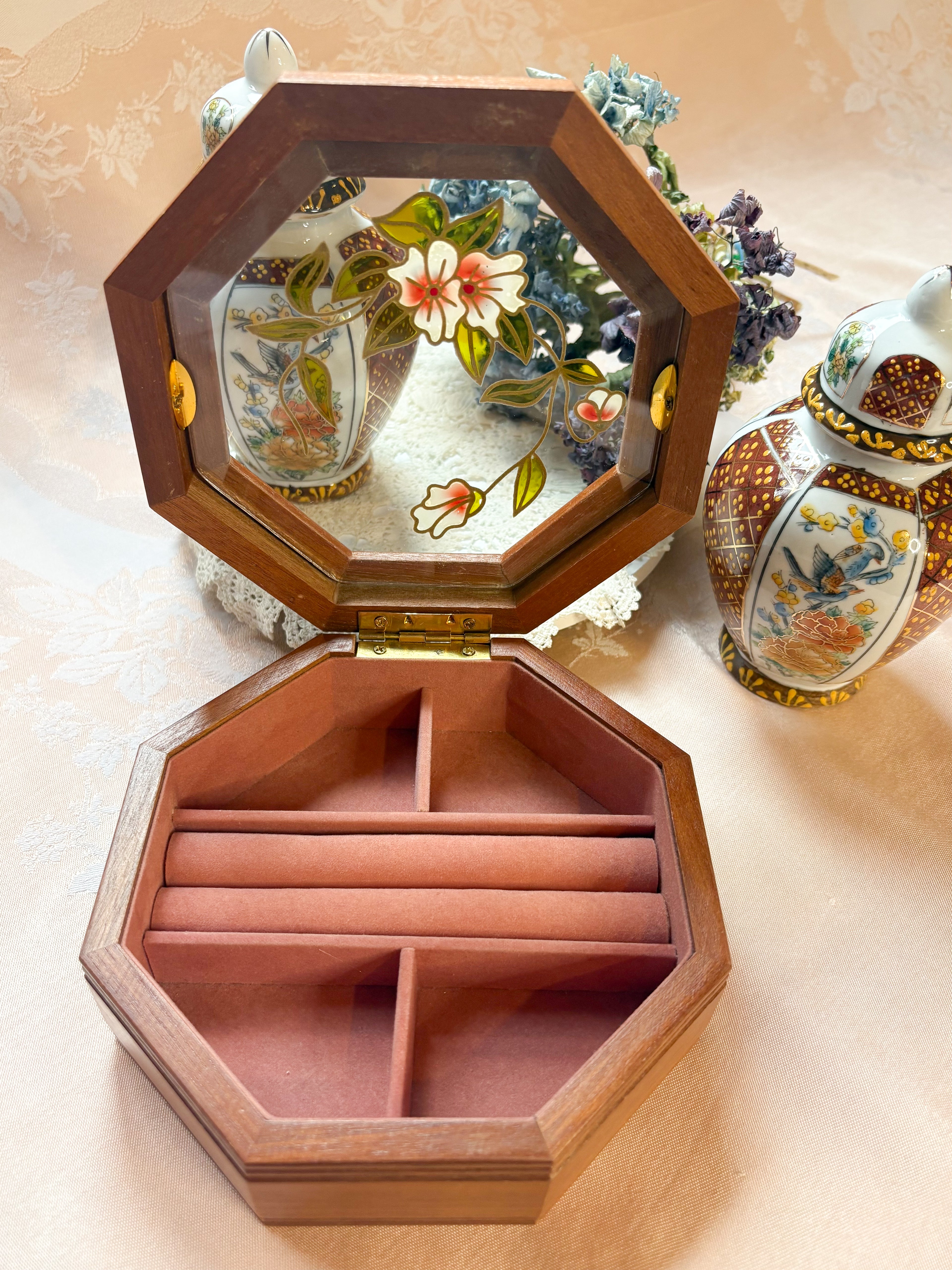 Vintage Octagonal Wooden Jewellery Box with Floral Glass Lid