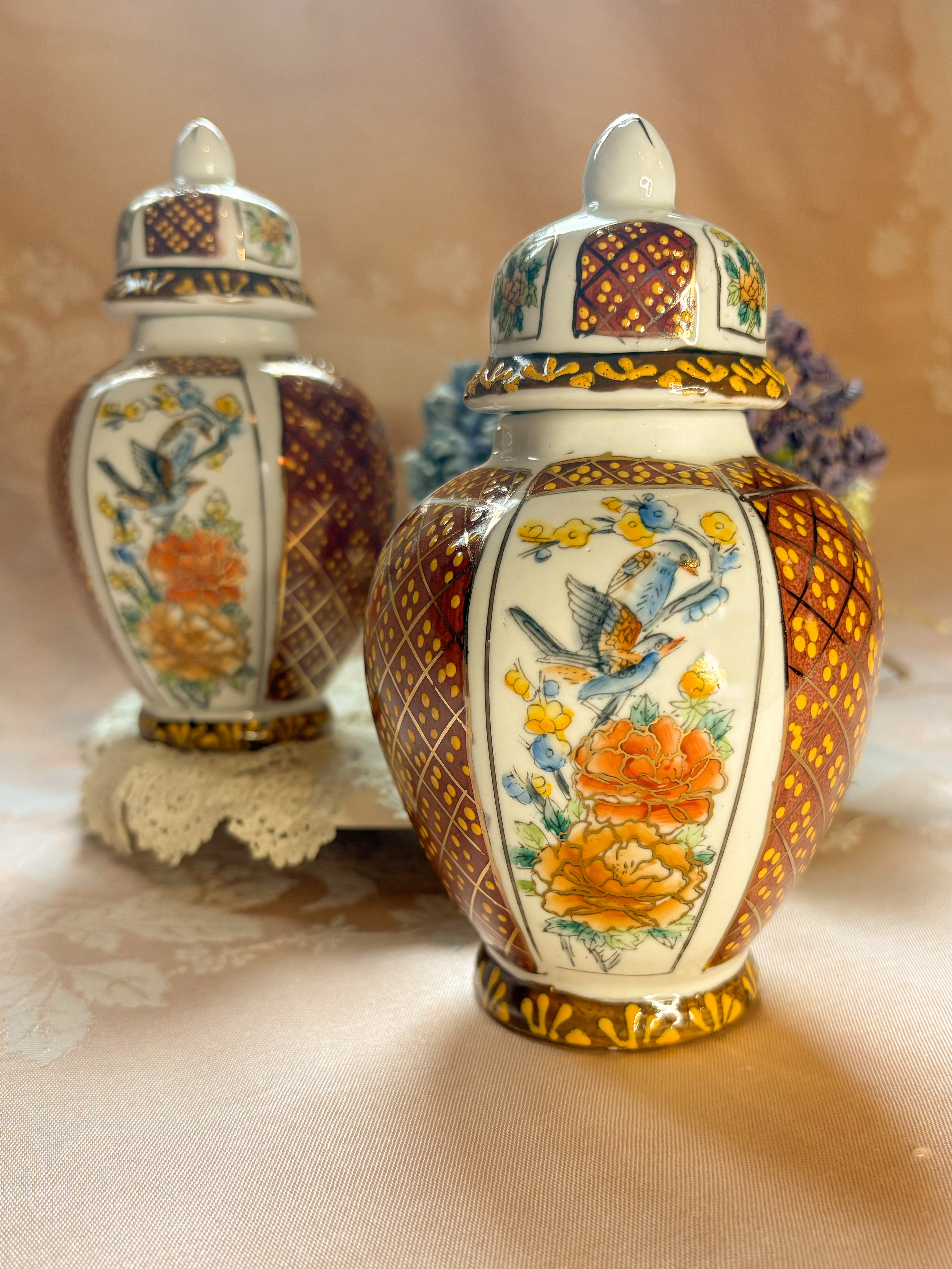 Set of Vintage Japanese Imari-Style Ginger Jars (Lidded) with Bird & Floral Motif