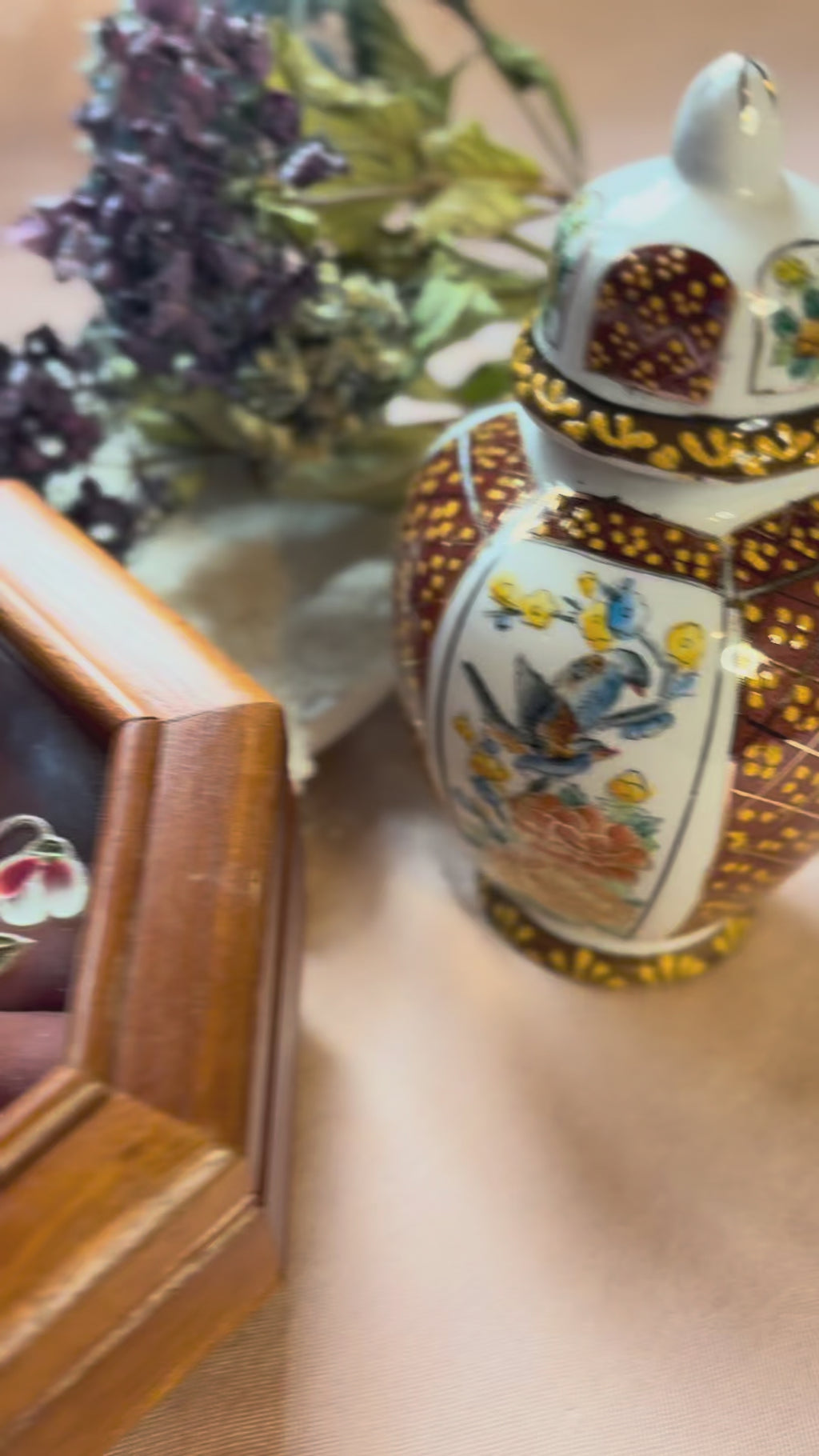 Vintage Octagonal Wooden Jewellery Box with Floral Glass Lid